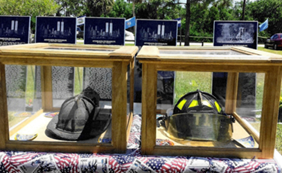 9-11 Memorial showing firefigehters helmets